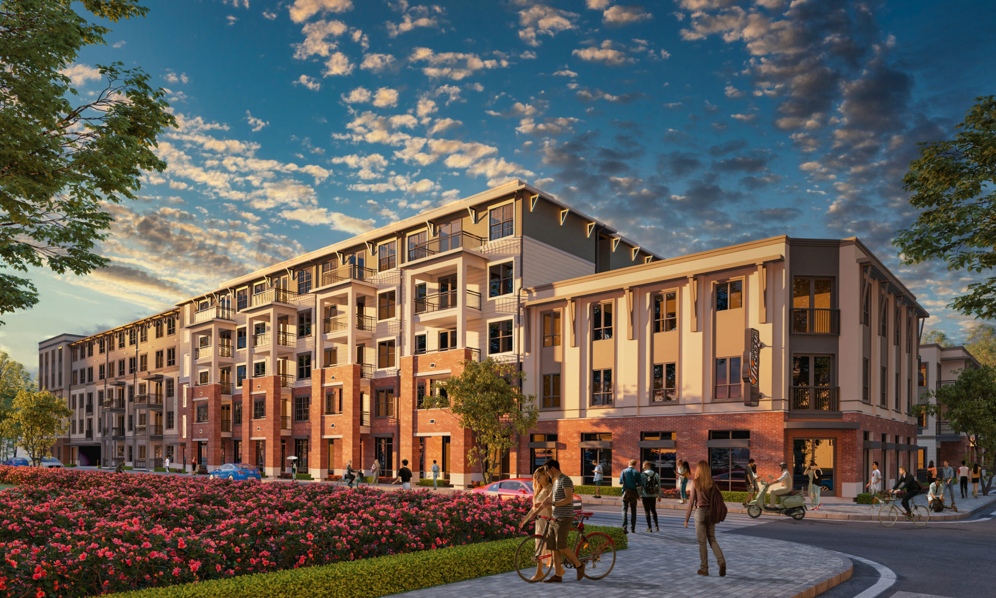 exterior rendering of theory gainesville with flowers